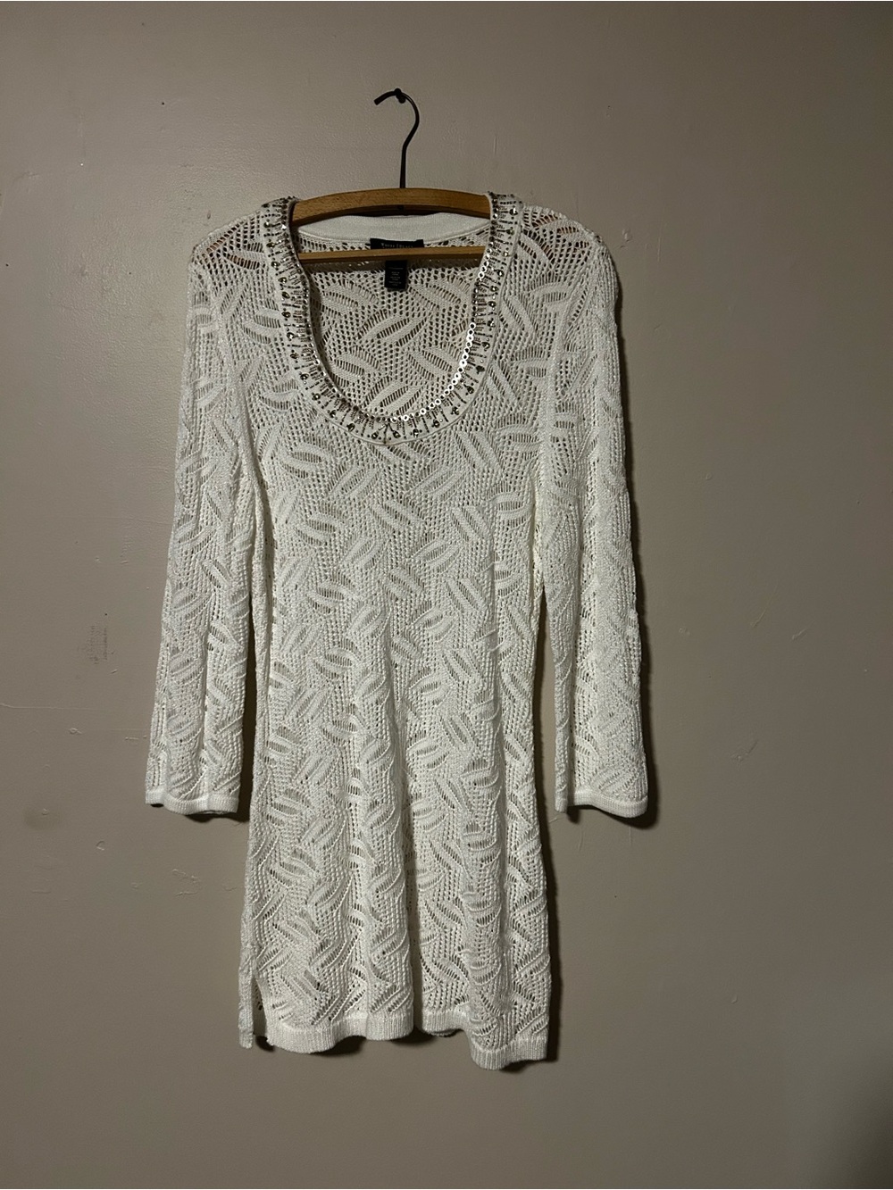 White House Black Market Ivory Crochet Tunic Dress with Beaded Scoop Neck